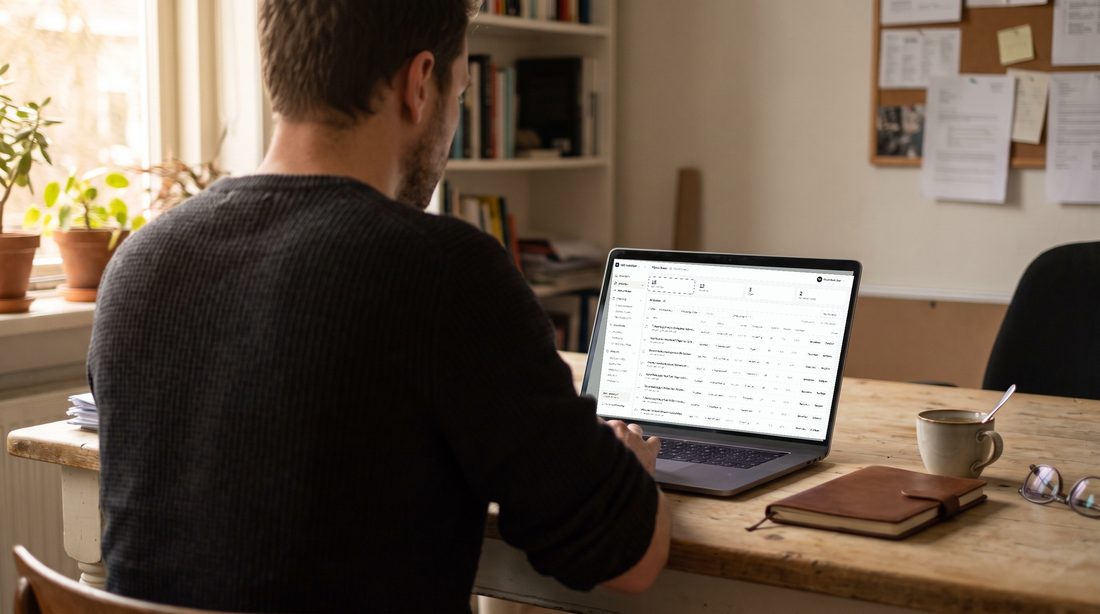 Iemand bekijkt zijn artikelen in SEO AutoPilot op een laptop